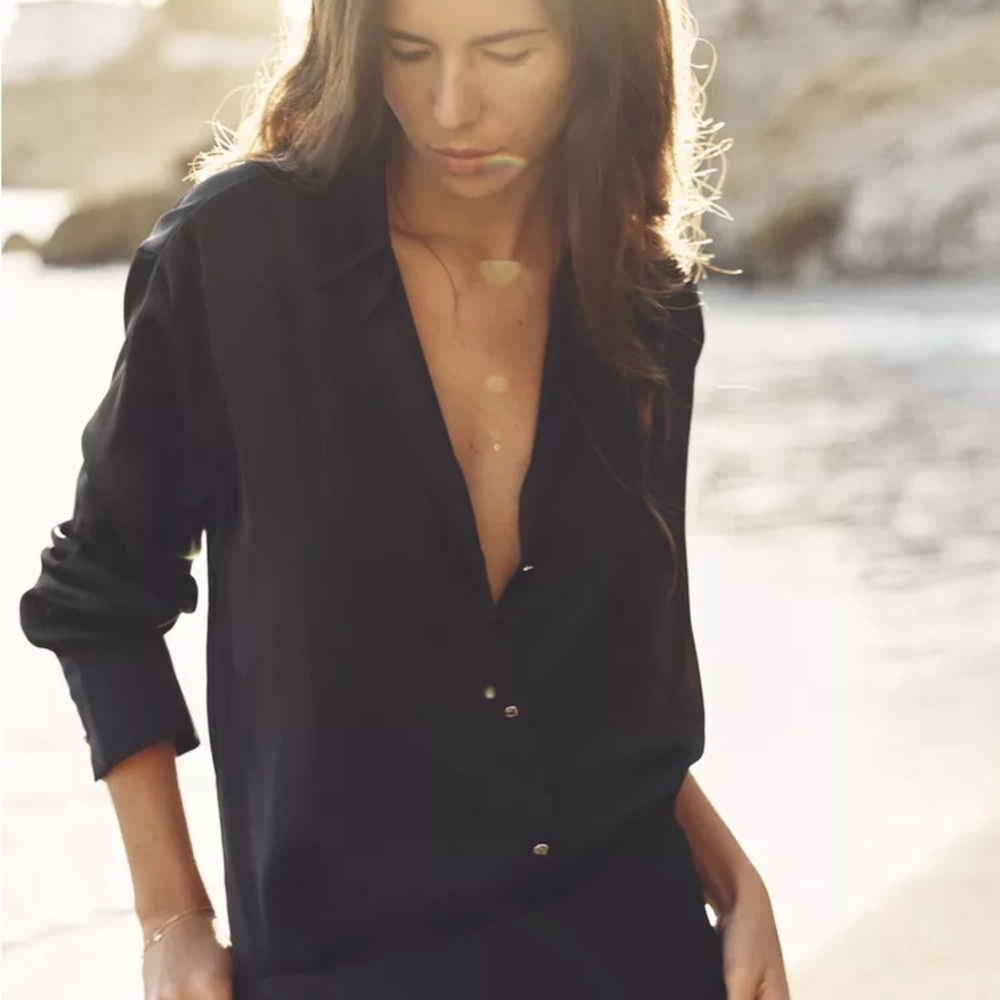 NWT Zara Satin Effect Black Button-Up Blouse XS